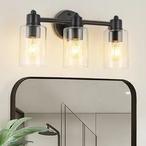 3-Light Bathroom Vanity Light Fixture, Matte Black Finish with Tempered Glass Shades, Modern Over-Mirror Lighting for Bathroom/Powder Room/Dressing Area