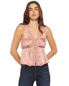 Shyanne Women's Satin Lace Trim Sleeveless Button-Down Tank Top - Swfa25w6-Mv