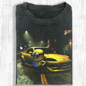 Minion with Yellow Sports Car Graphic T-Shirt, Fast and Furious Inspired Design, Street Racing Streetwear, Unisex Menswear Womenswear Top, Cool Minion Apparel