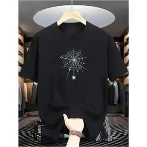 Men's Black Pattern T-Shirt - Lightweight Summer Spider Web Design Breathable Casual Street Style, Suitable for Parties, Halloween, and Casual Wear - Machine Washable Crew Neck Top, Modern Aesthetic T-Shirt for Men ​   men gifts men's graphic tees
