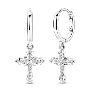 MULA 925 Silver-plated Infinity Cross Earrings – White Gold Plated Pave Cubic Zirconia Dangle Huggie Hoops, Religious Christian Faith Jewelry Gifts for Women & Girls (Confirmation & Easter)