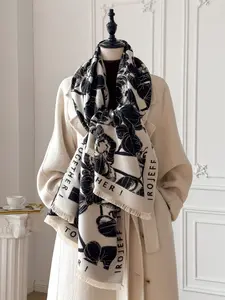 Women's Elegant Fashion Scarf, Leaf Print Letter Pattern, Warm Woven Shawl for Fall & Winter, Lightweight Outdoor Accessory