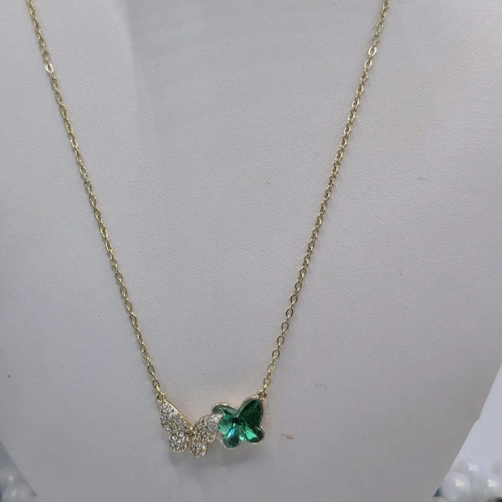 green crystal butterfly necklace plated gold 14k