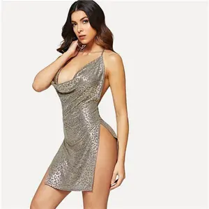 Going Out Sexy Grey Cowl Metallic Backless Draped Split Dress Elegant Women