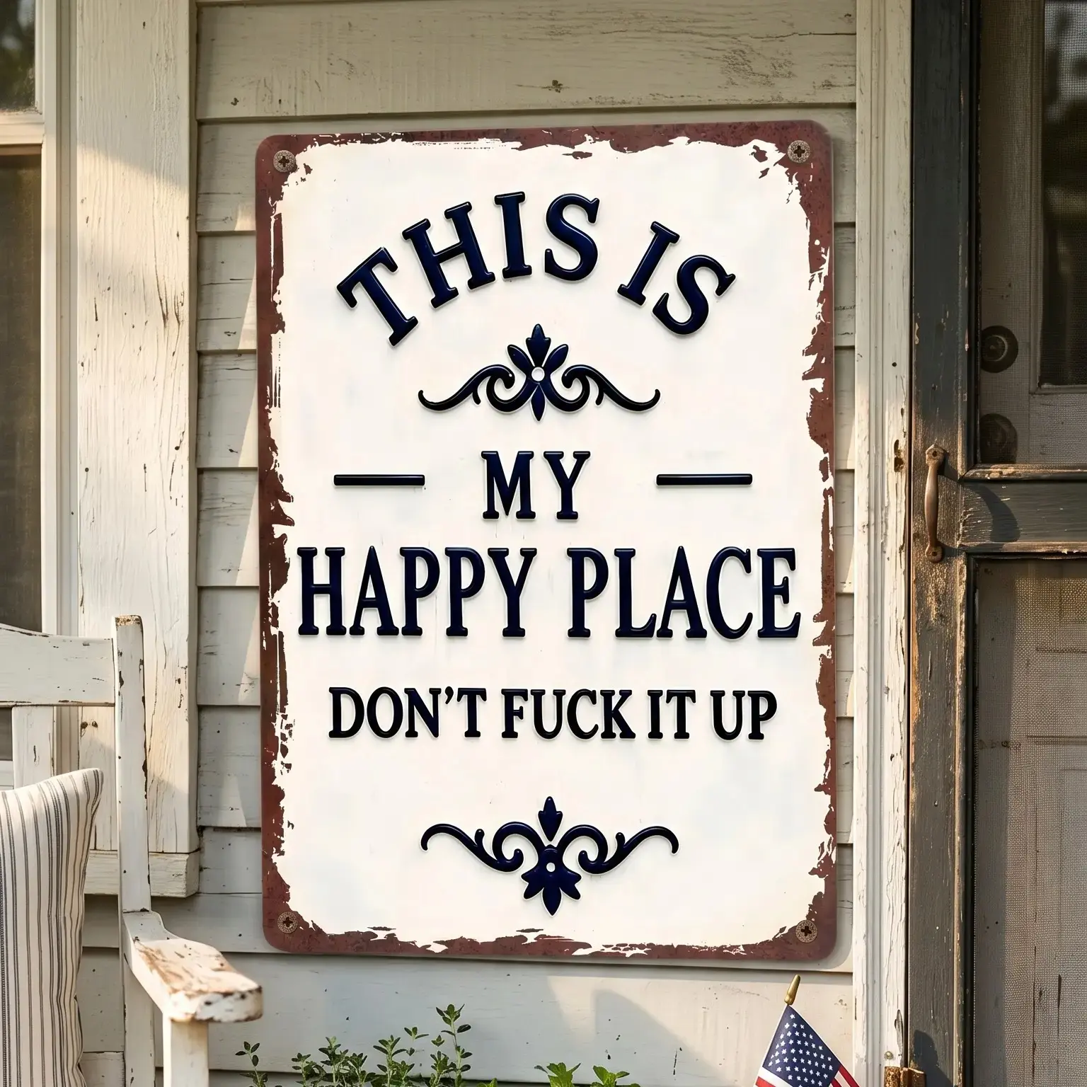 Rustic Aluminum "My Happy Place Don't Fxxk it Up" Metal Sign, 8x12in Wall Decor - Casual Nail-Mounted Plaque with Screws for Man Cave, Balcony, Home Decor For Wall, Anniversary