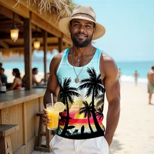 Men's Tropical Sunset Palm Tree Print Vests - cbx-523, Multi-Size, Polyester Blend, Flexible Fit, Sleeveless Menswear Top for Beach Vacation