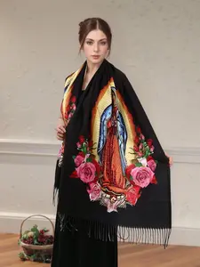 Elegant Floral Print Polyester Fringe Trim Shawl, Women's Scarf Wrap, Windproof Warm, Perfect Party Gift, Ladies Fashion Accessory