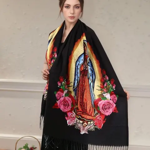 Elegant Floral Print Polyester Fringe Trim Shawl, Women's Wrap, Windproof & Warm, Perfect Party Gift, Fashion Accessory, Floral Pattern Shawl