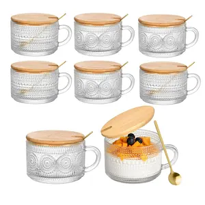 14oz Floral Waterdrop Design Vintage Coffee Mug Set (8 Pack) with grip handle, stainless steel spoon and bamboo cover, instant drink mug, dessert beverage cup, outdoor portable drink set, premium glass craft #Summer mood