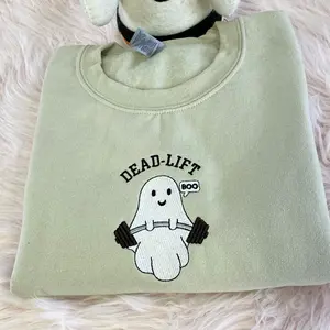Cute Ghost Dead Lift Embroidered Sweatshirt, Funny Ghost Gym Sweatshirt, Halloween Ideas Gift