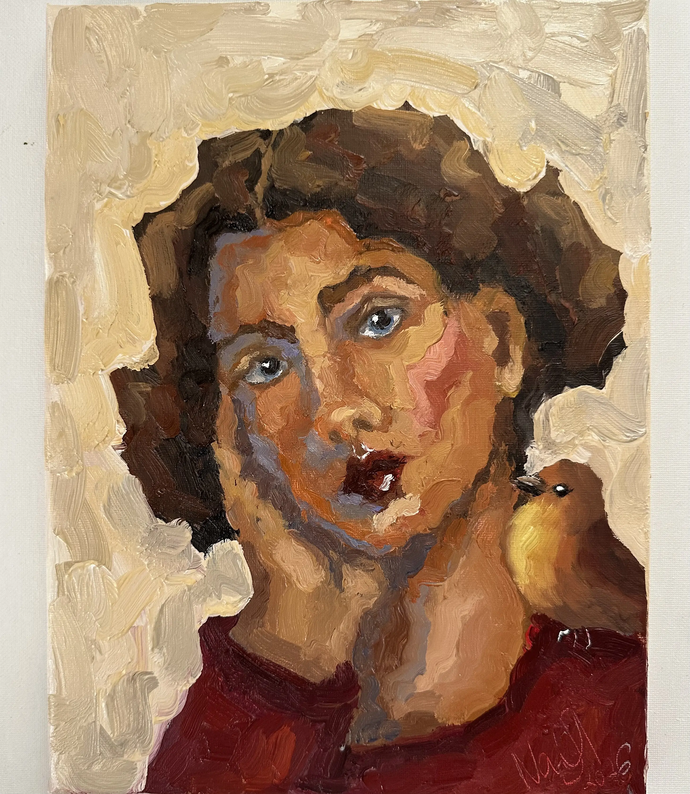 Original Oil Portrait with Bird | Expressive Female Painting | 9×12 in | Signed by Artist