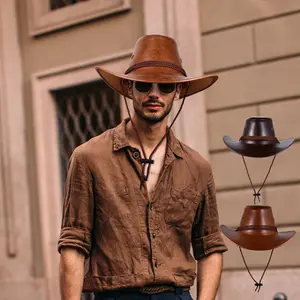 Men's Wide Brim PU Leather Western Cowboy Hat Riding Sun Protect Cap for Travel Outdoor