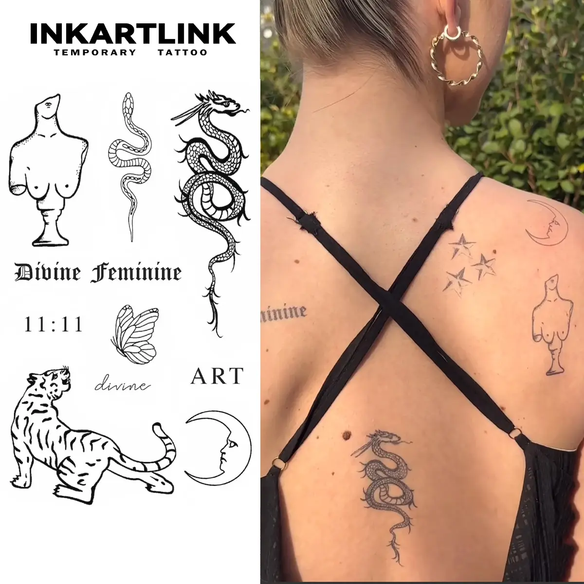 INKARTLINK Semi-Permanent Tattoos (2 Sheets) - Realistic, Waterproof Body Art for Adults that Lasts 1-2 Weeks, Adhesive-Free for All Skin Types