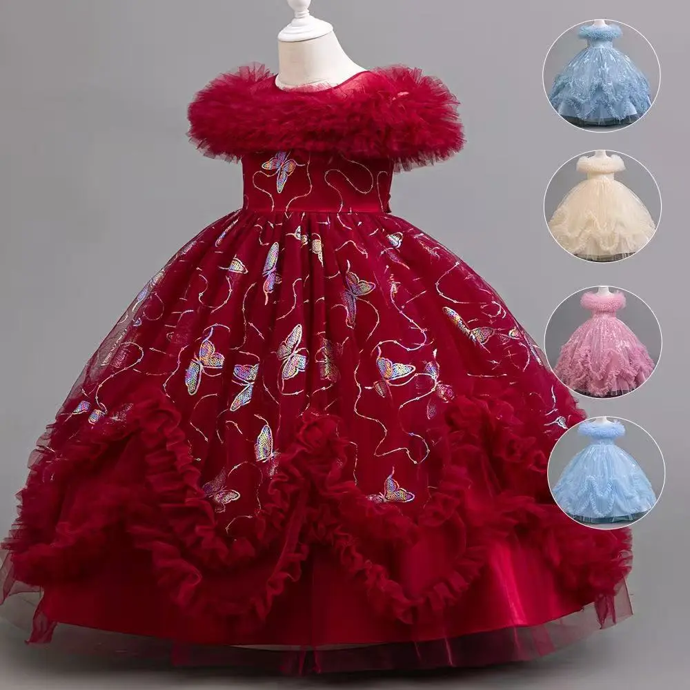 Girls' Sky Blue Princess Aesthetic A-Line Dress with Butterfly Lace and Cloud Shoulders, Polyester Blend Kids Formal Dress for Performances, Kids Edition Formal Dresses