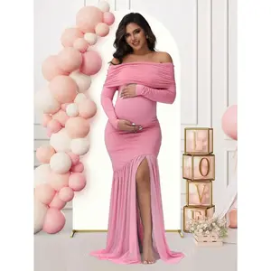 Maternitylongsleeveoffshoulderdresssolidcolormeshpanelledsplithemgownforbabyshowerphotospartyparty