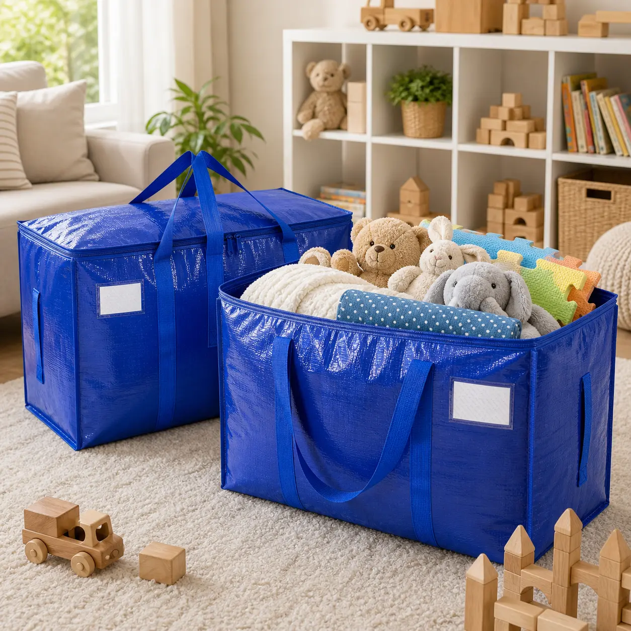 6-Pack Extra Large Durable Eco-Friendly Polyethylene Home Supplies Storage Bags - Zippered, Long Carrying Handles, Label Pocket, Foldable, Waterproof Moving Totes for Clothes, Comforters, Moving Into New Apartment (27"w x14"h x15"d)