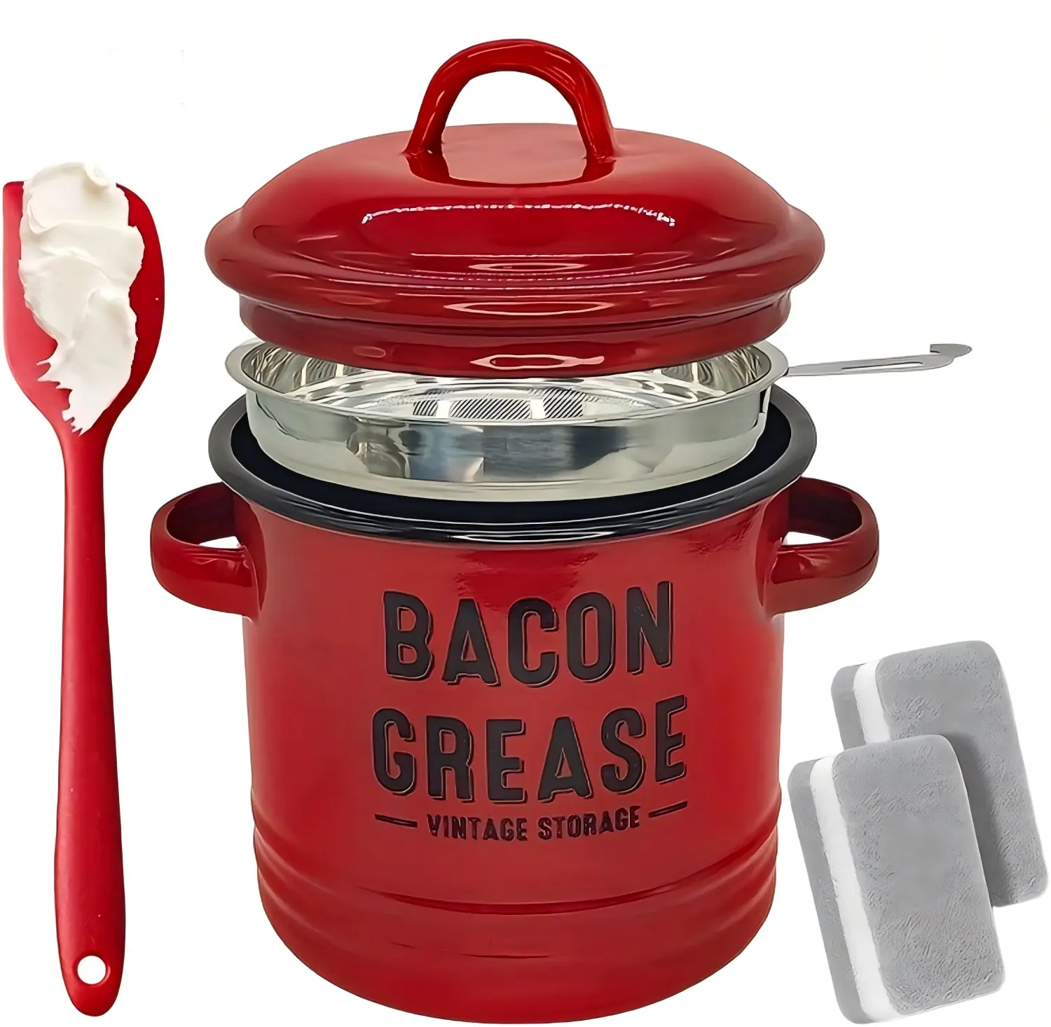 Bacon Grease Container, Bacon Grease Vintage Storage Red Enamel Pot with Stainless Steel Strainer and Red Spoon for Easy Collection and Storage
