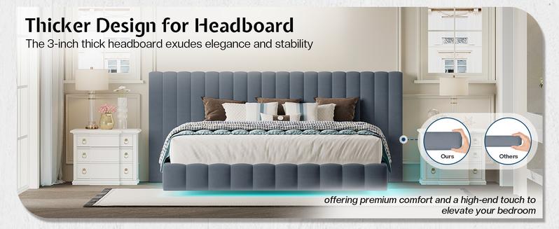 AMERLIFE Upholstered Bed Frame with Oversized Headboard, Modern Floating Bed Frame with RGB LED Lights, Velvet Channel Tufted Platform,Stable&Durable/No Box Spring Needed/Luxury Furniture Design/Queen/King Size/Best Gift Ideas/Christmas Gifts