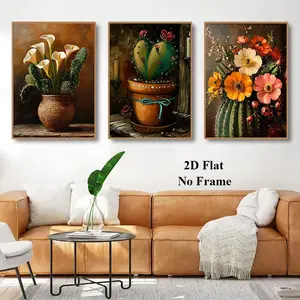 3pcs Frameless 2D Flat Vibrant Mexican Cactus Flower Poster, Unique Retro Art, Colourful Traditional Artwork, Wall Art Gift for Modern Home Decor