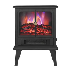 Black Electric Heater Free Standing Stove, 3D Flame Overheat Protection Adjustable Thermostat, 1500W
