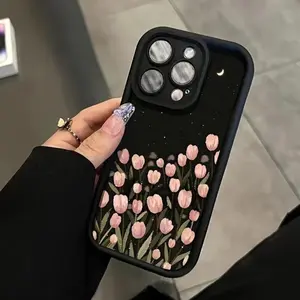 Case for iPhone 16 Pro Max 15 Plus 14 13 12 11 XS XR Moon Tulip Design Pattern Drop Protection Shockproof Soft Silicone smartphone Cover