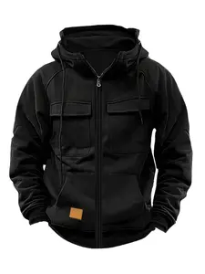 Men's Outdoor Casual Hooded Sweatshirt Jacket, Fall Winter Hiking Camping Travel Wear, Thick Woven Fabric, Multiple Pockets, Half-Zip Design, Athletic Hoodie