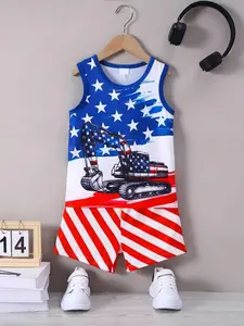 Boys' Independence Day Two-Piece Set, Star Car Print Vest with Striped Shorts, Outdoor Summer Clothing, Random Cut Print, Full Print Short Pants