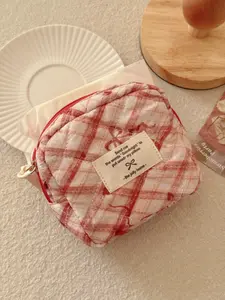 Soft Quilted Red Plaid Mini Makeup Bag - Cute Aesthetic Zipper Pouch for Lipsticks, Coins & Sanitary Napkins, Portable Travel Organizer