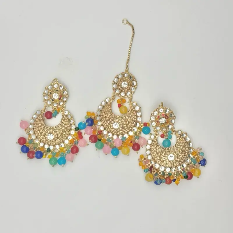 Begum Multicolored Maang Tikka and Jhumka Set with Vibrant Beads and Rhinestones for Festive Wear