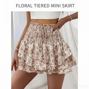 Women's Floral Print Woven Fabric Frill Trim Shirred Tiered Layer Shorts, Casual Lightweight Loose High Waist Tie Front Drawstring Wide Leg Shorts for Spring & Fall, Women's Bottoms for Daily Wear, Womenswear