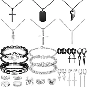 31 Pieces Stainless Steel Jewelry Set for Men Black Silver Chain Necklace Bracelet Cross Pendant Necklaces Vintage Rings Dangle Cross Earrings Cuban Jewelry Set for Men Women