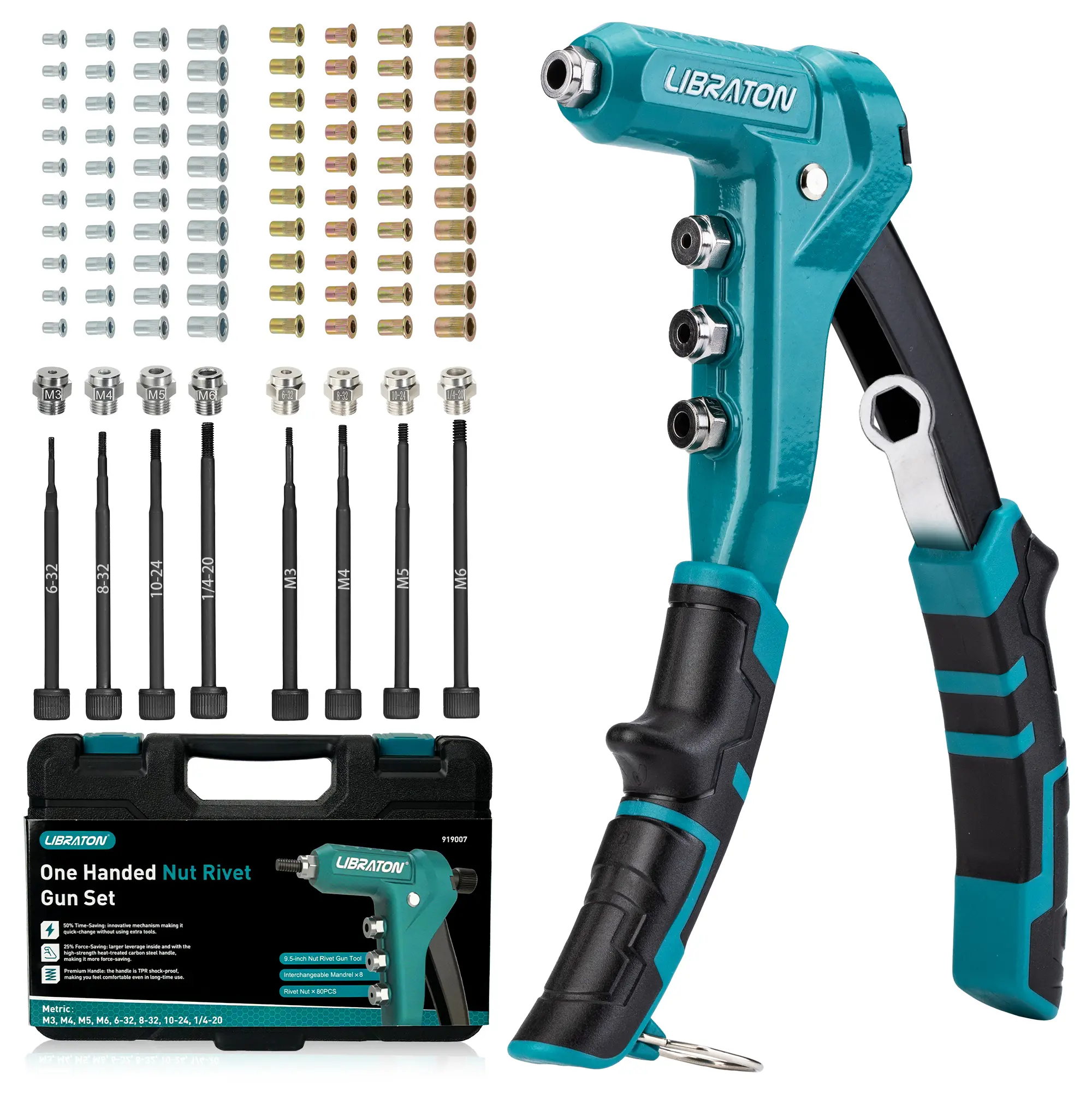 LIBRATON 9.5" Rivet Nut Tool, One-Handed Rivet Nut Gun, Hand Rivet Nut Tool Kit with 80PCS Threaded Rivet Nuts, 8PCS Interchangeable Mandrels, Metric M3-M6, SAE 6-32" to 1/4-20", with Carrying Case