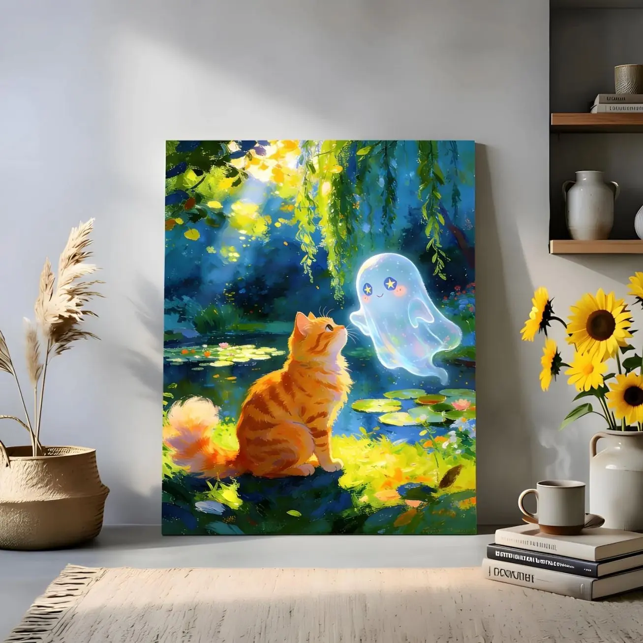 Ghost and Cat Canvas Wall Art, Whimsical Spooky Animal Artwork, Playful Halloween Decor for Kids Room, Nursery or Cozy Home Space