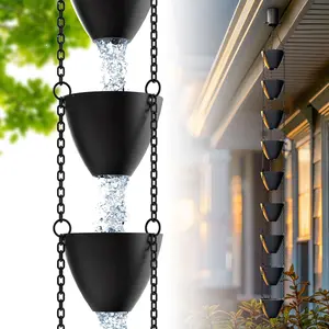 Rain Chains Direct Cascading Bowls Rain Chain - ​H​eavy Rain Flow - for 8-10 Foot Drops - Heavy Duty - Large Cups - Durable ​Flat-Black Powder-Coated Aluminum - Premium Rain Chains for Gutters