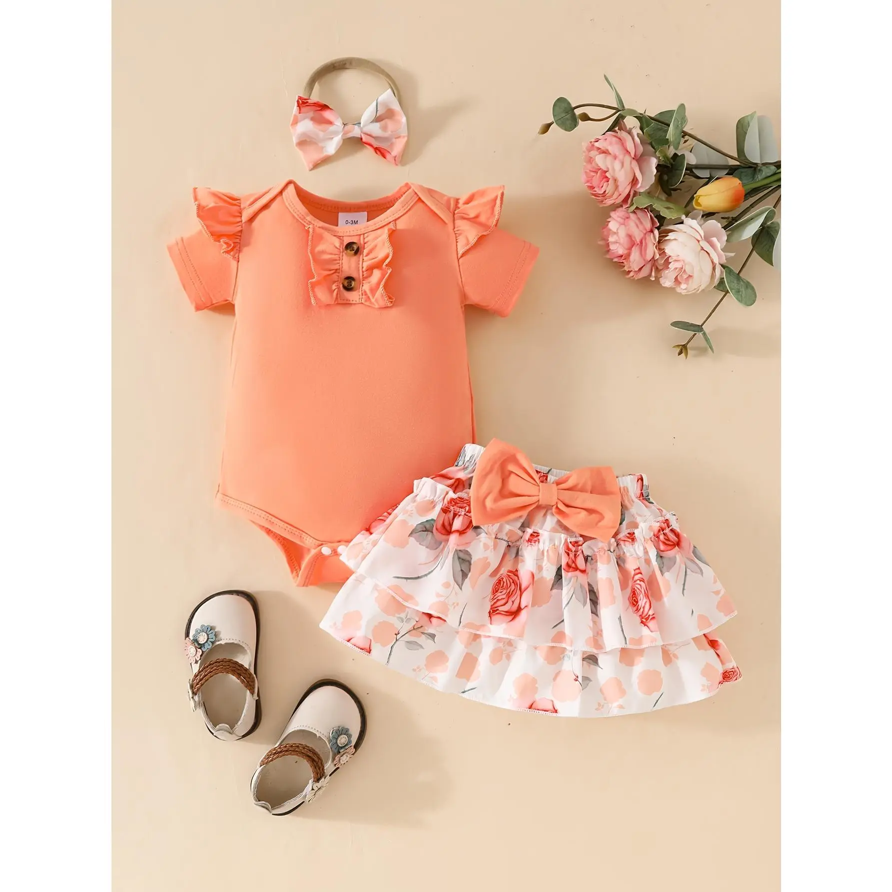 [Outdoor Romper Set] Three-piece Set: Short-sleeved Romper + Floral Print Cake Skirt + Headband Bow| Perfect for Outdoor