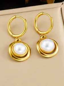 Stainless steel gold twisted pearl hoop earrings for women