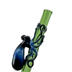 Octopus Glass Straw.  Reusable hand blown 9” emerald green straw with fade to black octopi Drinkware
