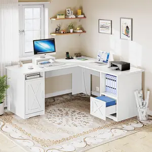 DWVO L Shaped Desk with Power Outlets, 60 Inch Computer Desk Corner Desk with File Drawer, Home Office Desk with Monitor Stand & Storage Shelves, L-Shaped Desk with File Cabinet