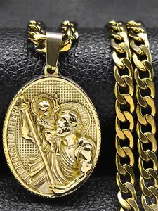 St. Christopher Protect Us Medal Necklace, Saint Christopher Religious Necklace, Fashion Jewelry for Party, Daily Clothing Decor, Trendy All-match & Exquisite Jewelry for Gift, Cuban Link Chain