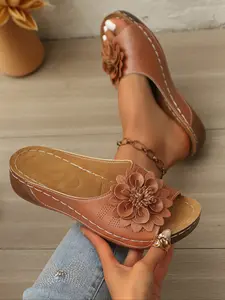 Women's Multicolor Outdoor Toe-Open Flat Sandals, Elegant One-Piece Bow Flower Decoration, Lightweight Comfort Fashion Thick Sole Beach Slippers