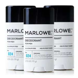 MARLOWE. No. 024 Mens Deodorant 2.5 oz, Natural Deodorant for Men, Aluminum Free Stick, Made with Coconut Oil, Shea Butter & Jojoba, Only No-Nonsense Ingredients, Fresh & Woodsy Scent