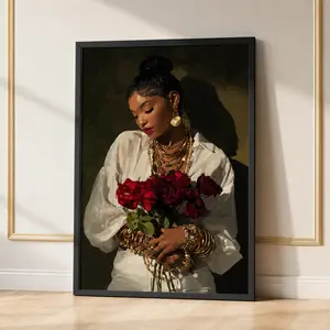 Black Woman Rose Bouquet Print, Melanin Wall Art, Gold Jewelry Decor, Floral Poster