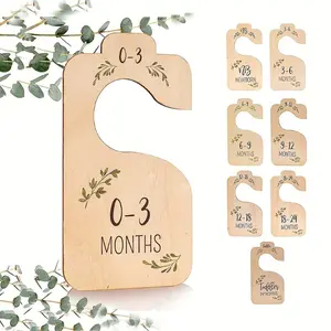 8-Piece Wooden Baby Closet Organizer Set, Gender-Neutral Nursery Decor for Infants Up to 24 Months, Leaf Pattern Plywood Tags, Vintage Wooden Hangers