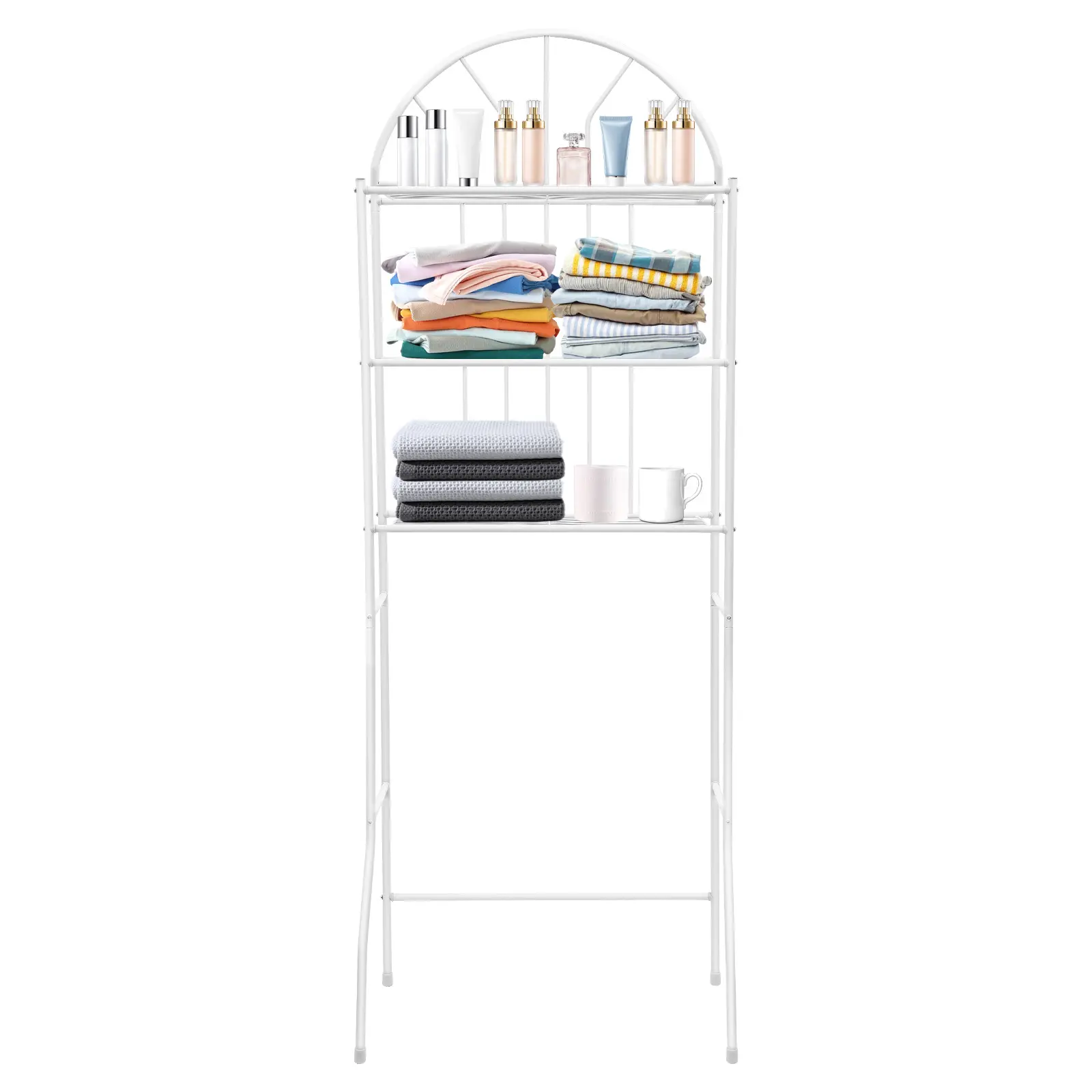 3-Tier Over-the-Toilet Floor Stand Bathroom Shelf Rack - Contemporary Geometric White Iron & Plastic Toiletry Org, 3 Large Cut-Out Platforms, 55 lbs Capacity, Space Saving Furniture, Indoor Use Thoughtful Gift, 24.8*13.39*69.69In