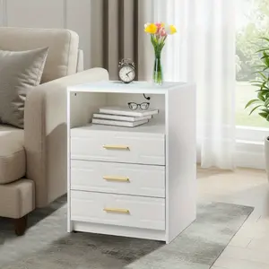 Smart LED Bedside Table with USB-C/Type-C Charging Ports & 3-Level Adjustable Lighting, Modern White Nightstand with Storage Drawers for Bedroom