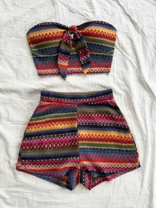 Boho Ethnic Vibrant Stripe Halter Neckline Top Set, Bohemian Colorblock Geometric Print, High Waist Shorts, Vacation Style Sexy Two-Piece Womenswear