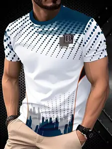 Men's Fashion Patchwork Short Sleeve T-Shirt, City Print Design, Breathable Comfort, Trendy Versatile, Casual Daily Wear