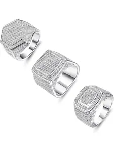 3 Pcs Silvery Iced Out Ring Set for Women Men Bling Detailing with Striking Halloween Style Oversized Hip Hop Cuban Style Bold Punk Heavy Alloy Aesthetics Luxurious Sparkling Band Rings Eye-catching Clubwear Charm Strong Street Fashion Appeal