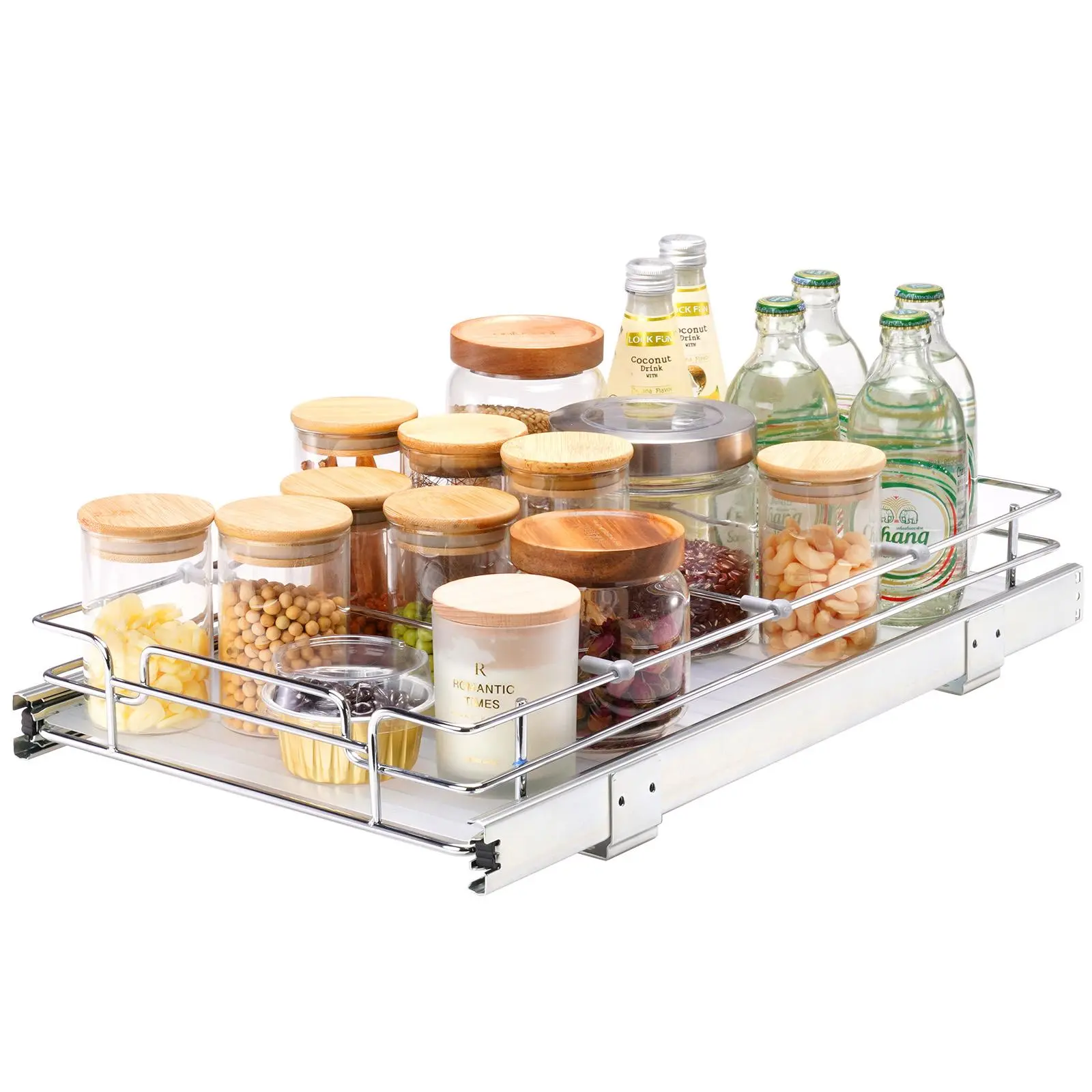 VEVOR Heavy-Duty Pull-Out Cabinet Organizer Rack with Drawer Organization, 11"W x 21"D Chrome-Plated Steel Roll-Out Drawer, Multifunctional Rust Resistant Sliding System Unit, Detachable Tray for Kitchen Cabinets Under Sinks