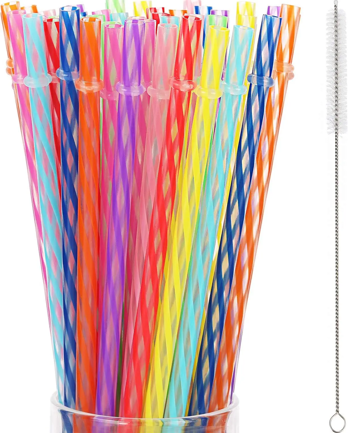 50 count  Plastic Straws with Brush 11 Inch Long Hard Plastic Straws Dishwasher Safe 10 Color Clear Replacement Drinking for 16 oz-32 oz Tumblers Cup Mason Jars Milkshakes Smoothies